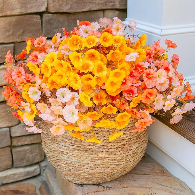 Fake Mums Fall Artificial Flowers Plants for Outdoors Autumn Decoration, 12 Bundles Silk Morning Glory with Eucalyptus Realistic UV Resistant Faux Mums for Outside Planter Yard Garden Home Indoor, Mix