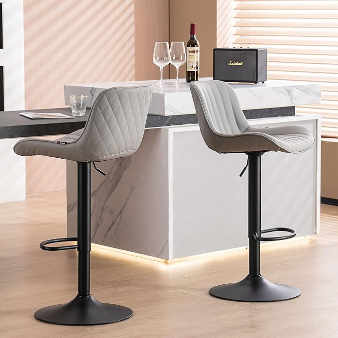 YOUNUOKE Counter Height Bar Stools Set of 2 Upholstered Kitchen Island Barstools Adjustable Swivel Stools with Back Mid Century PU Leather Padded Chairs Grey