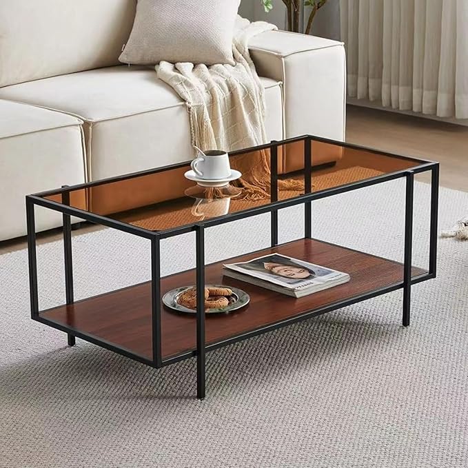 Shrine Glass Coffee Table, Modern Design, Dual-Layer Coffee Table for Living Room, Black-Plated Metal Frame, Brown Glass Top, Walnut Wood Panels