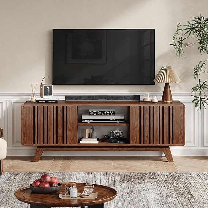 Mid-Century Modern Television Stand for 55/65/70 inch TV, 63” TV Stand with Power Outlet for Living Room, Entertainment Center with Sliding Grille Door Cabinets and Open Shelves, for Bedroom, Walnut