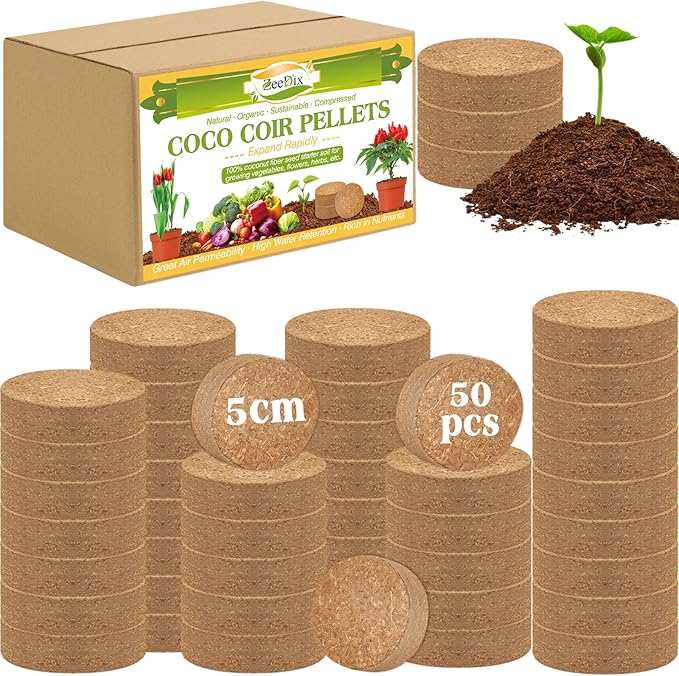 ZeeDix 50pcs 50mm Coco Coir Pellets, Compressed Soil Pellets Coconut Coir Seed Starter Discs Seed Starting Pellets Discs Potting Soil for Outdoor Plants Flowers Bonsai Herbs and Vegetables
