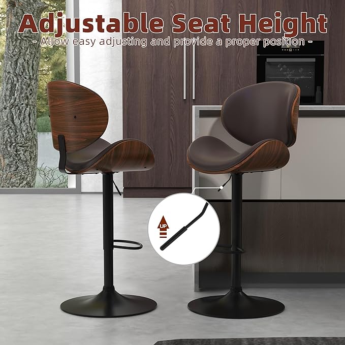 civama Brown Bar Stools Set of 2 for Kitchen Counter, Adjustable Bar Height Chairs, Modern Swivel Barstools with Bentwood Seat and Back with Footrest, for Kitchen Island, Dining Room, Brown PU Leather