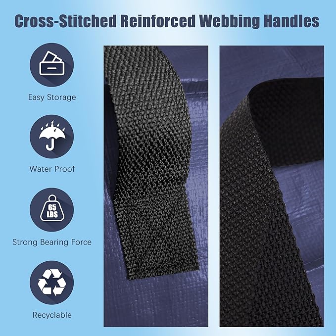 12 Pack Large Strong Moving Bags with Zippers & Carrying Handles - Water-Resistant - Heavy Duty Storage Tote for Space Saving, Fold Flat, Alternative to Moving Box (Blue)