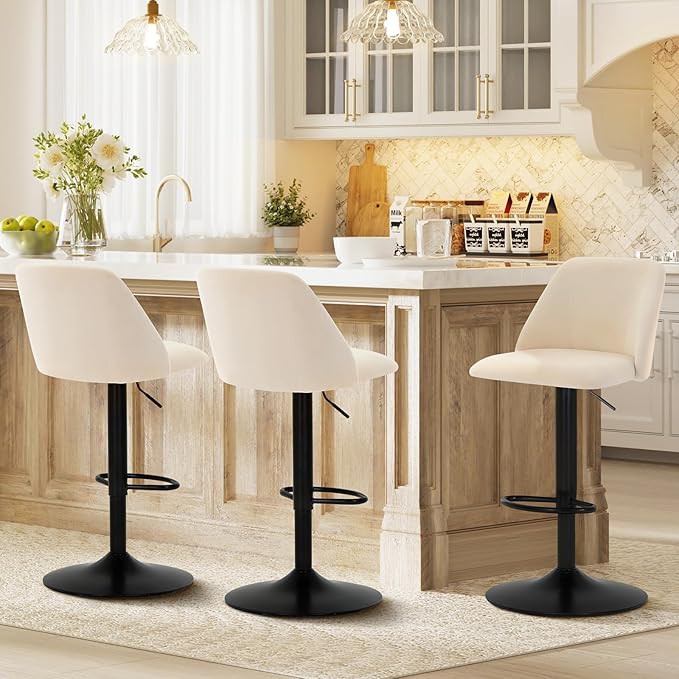 COLAMY Bar Stools Set of 1, Modern Swivel Bar Chairs, Adjustable Upholstered Barstools Counter Height with Full Backrest for Bar, Dining Room, Kitchen Island, Beige