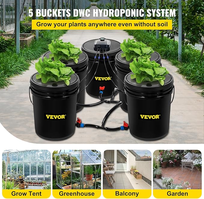 VEVOR DWC Hydroponic System, 5 Gallon 5 Buckets, Deep Water Culture Growing Bucket, Hydroponics Grow Kit with Pump, Air Stone and Connected Reservoir, for Indoor/Outdoor Leafy Vegetables