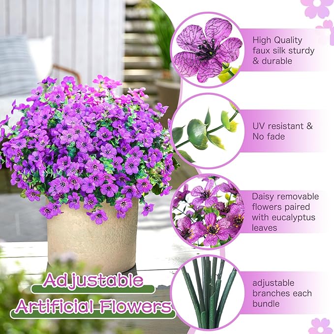 Artificial Flowers for Outdoors,Faux Flowers Daisy with Eucalyptus Leaves for Indoor Garden Home Decoration,UV Resistant Artificial Flower Fake Plants for Porch Patio, 12 Bundles (Purple)