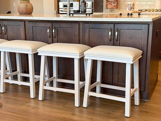 PHI VILLA Bar Stools Set of 3 - Solid Wood Legs Counter Height Barstools with Upholstered Saddle Seat, 24 inch Kitchen Counter Island Stools