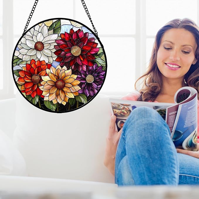 Stained Glass Window Hanging, Colorful Flowers Sun Catcher for Window Door Home Decor Plant Suncatcher Christmas Mother's Day Birthday Gifts for Women Men Mom and Nana 15 in