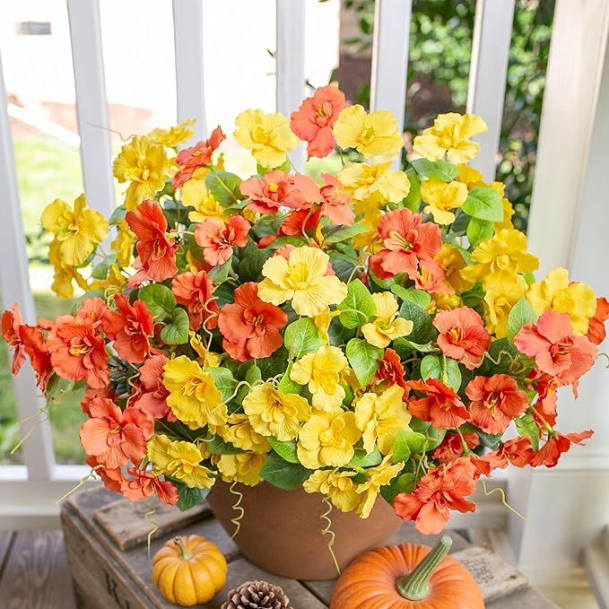 INSPRING Fake Fall Flowers Artificial Mums for Outdoors Autumn Decoration, Faux Silk Flowers Plants Realistic UV Resistant Tropical Flower Artificial for Outside Planter Patio (2MixHC, 6 Bundles)