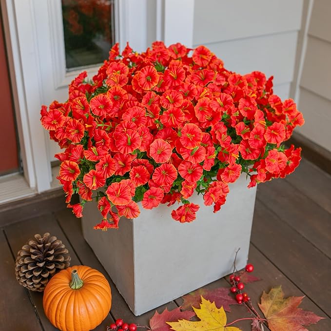 Fake Fall Flowers Artificial Flowers Plants for Outdoors Autumn Decoration, 12 Bundles Orange Silk Morning Glory with Eucalyptus Realistic UV Resistant Faux Flower Greenery for Outside Yard Garden