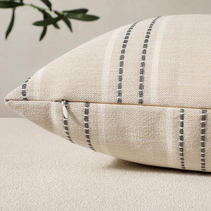 Hckot Decorative Pillow Covers 18x18 Striped Throw Pillows Textured Linen Pillow Covers Farmhouse Decor Cushion Covers for Couch Bed Living Room, Grey