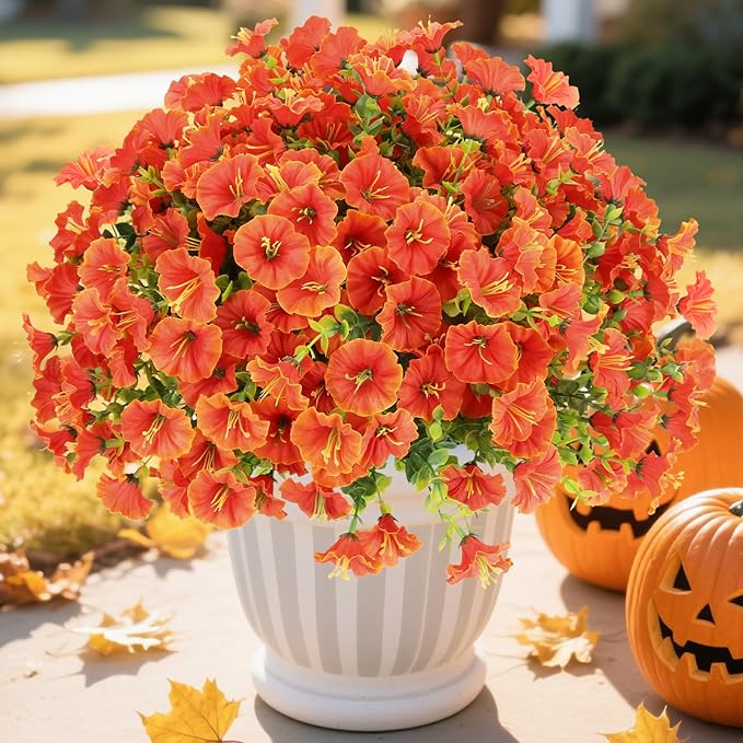 12 Bundles Fall Flowers Artificial for Decoration, Fake Flowers Artificial Plants Outdoor, Colorful Faux Morning Glory Realistic UV Resistant for Garden Patio Porch Home Decor (Orange)
