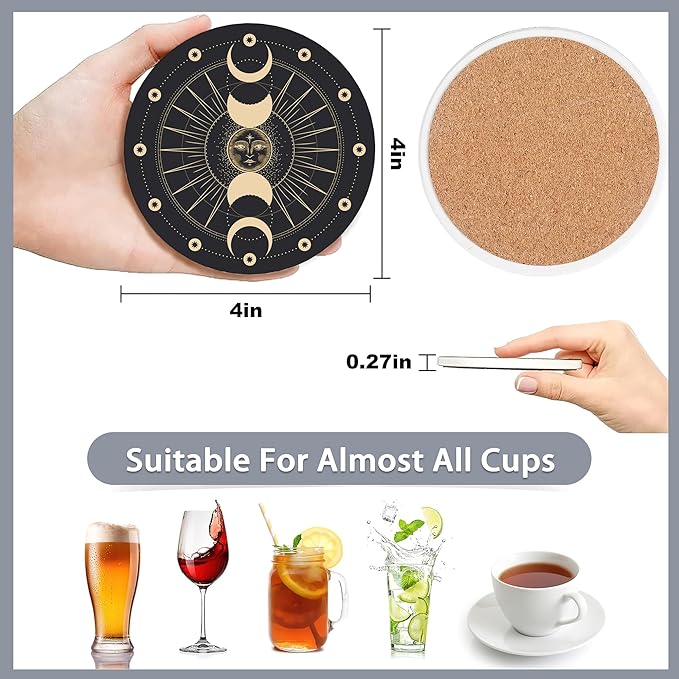 Drink Coasters Set of 6 with Holder,Gold Sun Moon Clouds Stars Absorbent Ceramic Coasters with Cork Base,Fit All Cups,Tabletop Protection Mat for Mugs and Cups,Office,Kitchen