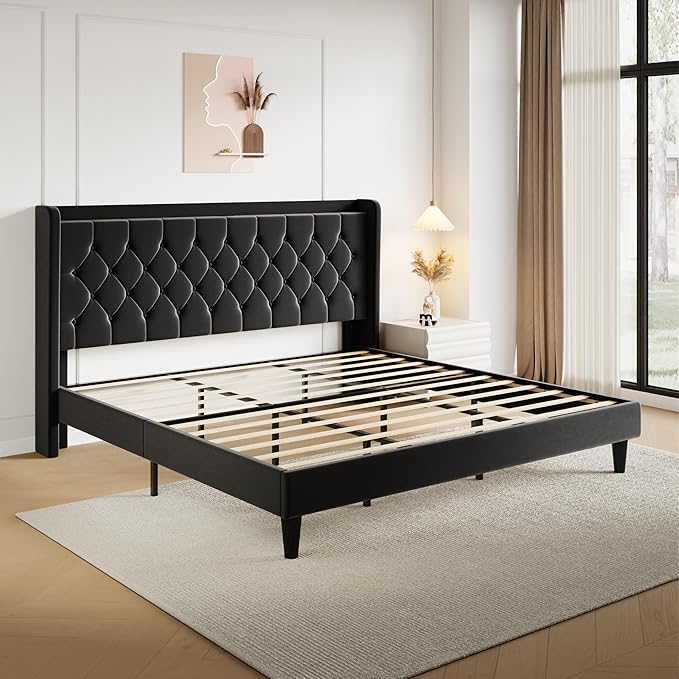 SHA CERLIN King Size Platform Bed Frame with Charging Station, Velvet Wingback Headboard with Storage Shelf, Wooden Slats Support, Ample Under-Bed Space, No Box Spring Needed, Easy Assembly, Black