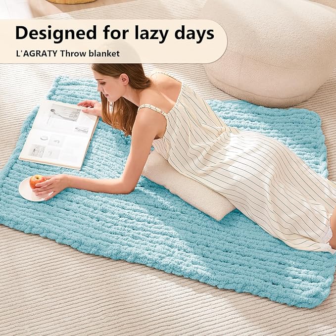 L'AGRATY Chunky Knit Blanket Throw - Soft Chenille Yarn Throw Blanket 40x50： Handmade Thick Cable Knit Crochet Blanke - Large Knit Blanket Chunky Rope Knot Throw Blanket for Couch Sofa Bed Home Decor