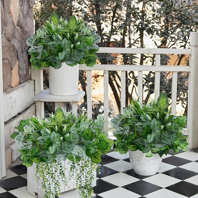 16Pack Artificial Plants Outdoor UV Resistant Faux Greenery Stems Shrubs with 7 Kinds of Fake Plastic Plant and Hanging Eucalyptus Plants Bushes Green Boxwood for Indoor Garden Patios Porches Decor