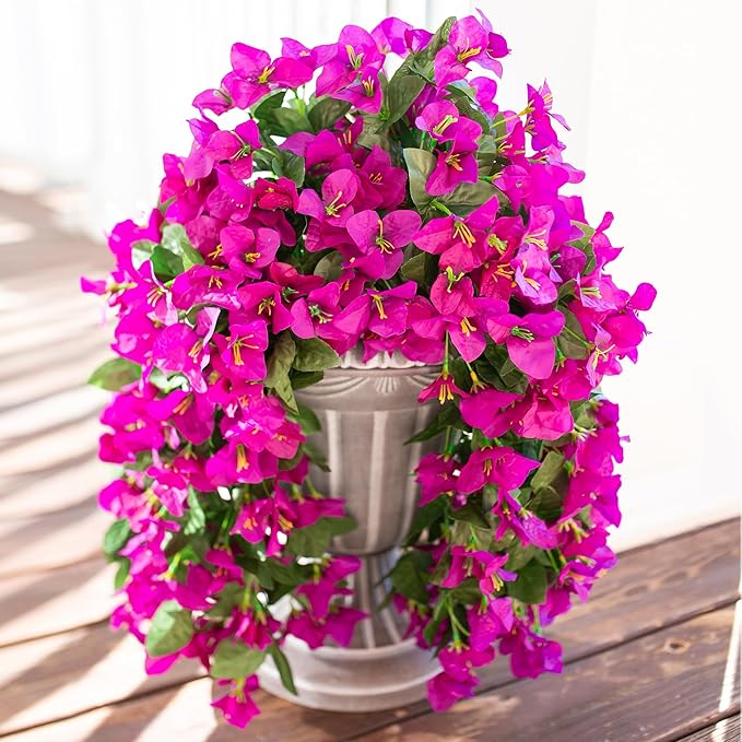 Bougainvillea Artificial Hanging Flowers Plants for Outdoors Decoration, 2pcs Fake Flowers Silk Bougainvillea Vines Realistic UV Resistant Faux Flowers for Outdoor Planters Patio Urn, Purple