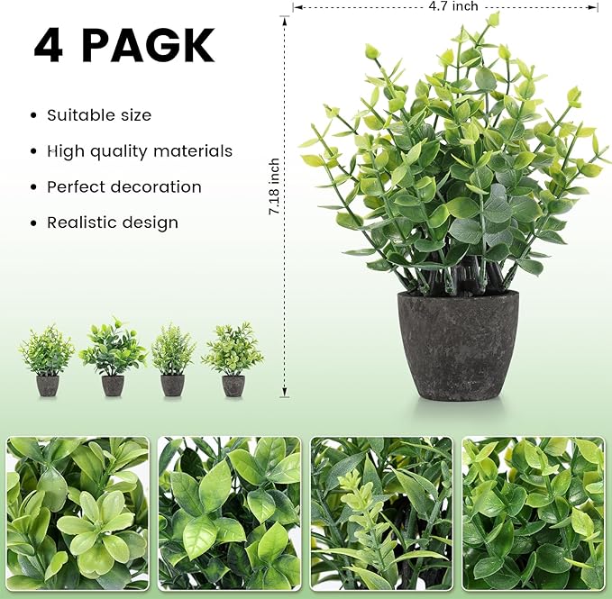 4 Pack Fake Plants Ceramic Mini Artificial Greenery Potted Plants for Home, Office, Room, Farmhouse, Indoor Table, Bathroom Decor