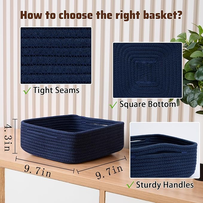 Small Square Shallow Baskets for Organizing, 9.7x9.7x4.3 Inch Rope Woven Storage Bins for Cubes Closet, Shelves Storage, Boho Decorative Basket, 2 Packs Navy Blue