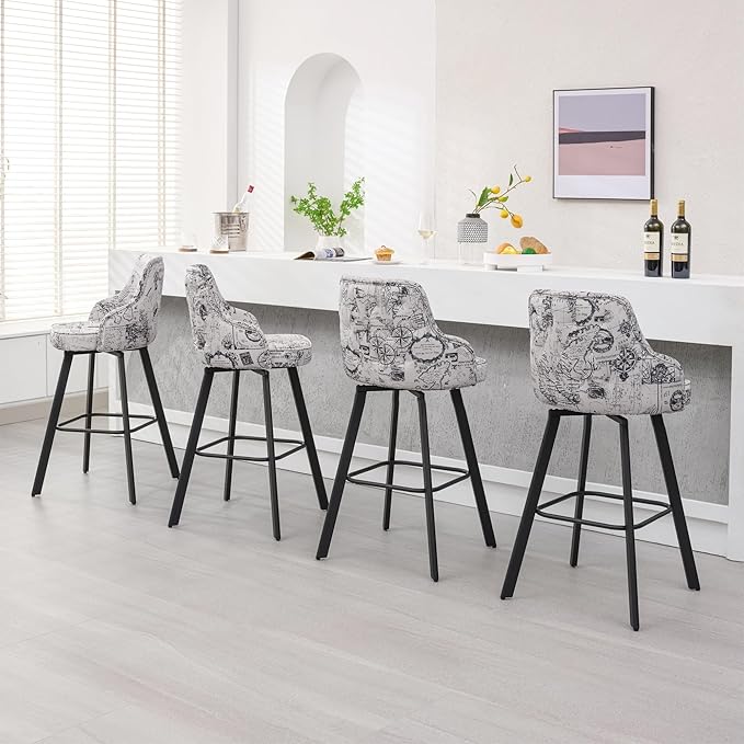 Bar Stools Set of 4, 30" Swivel Bar Height Barstools with High Back, Linen Kitchen Barstool Bar Height for Kitchen Island (Beige (Nautical Print), 4PCS 30" Bar Stools)
