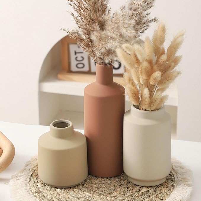 Ceramic Vase Set of 3, Modern Decorative Vases for Home Decor, Small Flower Pottery Vase Sets, Boho Farmhouse Rustic Vases for Living Room, Kitchen, Bedroom, Bathroom, Shelf, Table