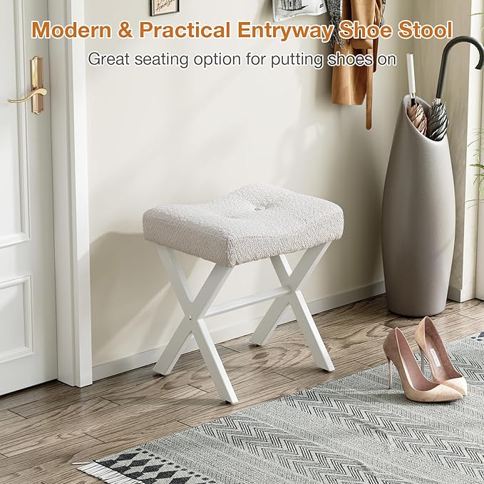 18-Inch Vanity Stool Chair, Vanity Bench with Metal X-Legs, Ottoman Accent Stool with Breathable and Soft Boucle Fabric Saddle Seat, Beige