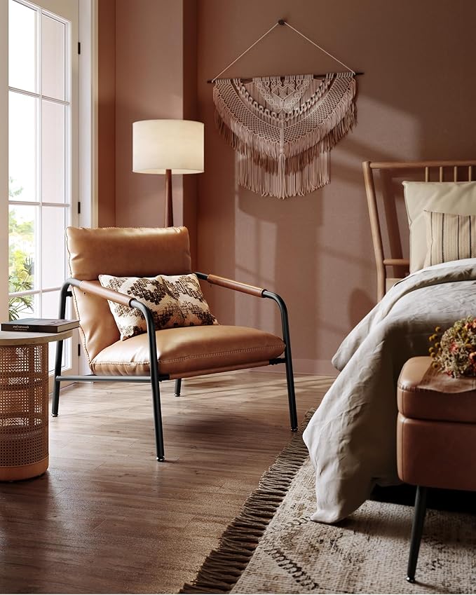 VASAGLE EKHO Collection - Accent Chair, Metal Framed Armchair, Synthetic Leather with Stitching, Mid-Century Modern, Sling Chair for Living, Bedroom, Reading Room, Lounge, Caramel Brown ULAC014K01