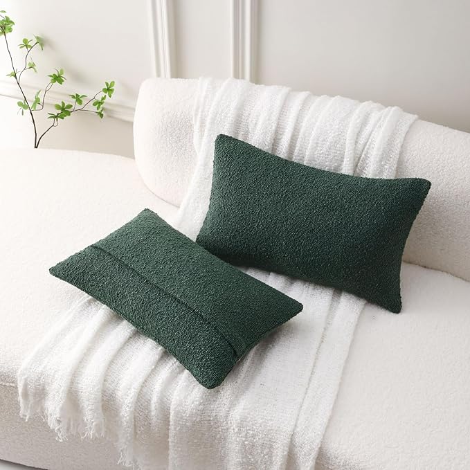 FUTEI Pack of 2 Dark Green Decorative Throw Pillow Covers 12x20 Inch Soft Cozy Solid Boucle Textured Lumbar Pillow Cases,Modern Home Decor for Couch Bed Living Room