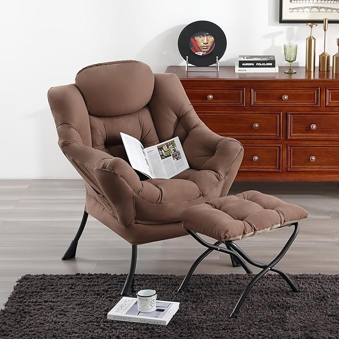 Welnow Lazy Chair with Ottoman, Modern Lounge Accent Armchair with Armrests and a Side Pocket, Leisure Sofa Armchair Set, Reading Chair with Footrest for Small Space, Dark Brown