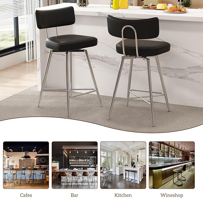 Swivel Bar Stools Set of 3, PU Leather Counter Height Bar Stools, 26" Modern Barstools with Backs and Footrest, Bar Chairs for Kitchen Island, Black