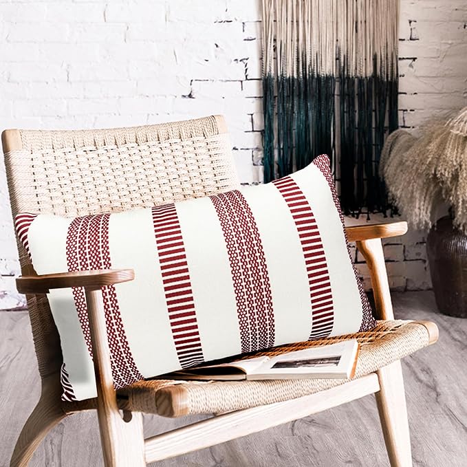 Decorative Throw Pillow Covers Set of 2 Wine Red Boho Striped Pillow Covers 12x20 Inch Throw Pillow Cover Linen Pillowcase Farmhouse Outdoor Pillow Covers for Couch Sofa Bed Living Room