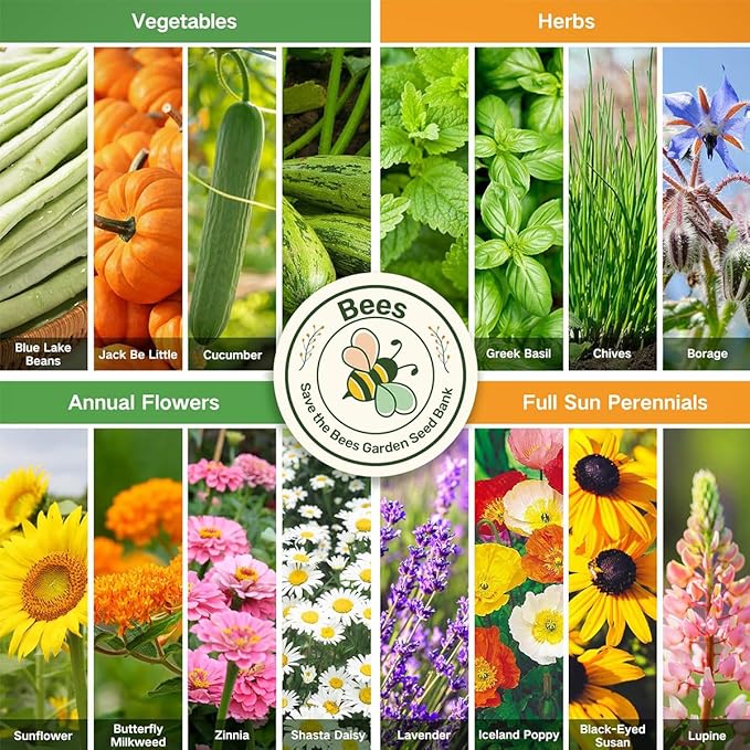 LUSH&DEW Save Bees Garden Seed Bank, Gardening Gift for Gardeners,16 Varieties NON-GMO Heirloom Pollinator-Friendly Flower Herb Seeds, Planting in Raised Beds Outdoors, Seed Kit, Milkweed Poppy Lupine