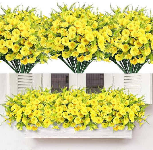 Artificial Flowers Outdoors 12 Bundles Yellow Artificial Petunias Fake Flowers UV Resistant Shrubs Plants with Fern for Indoor Outside Hanging Planters Home Garden Summer Decorations