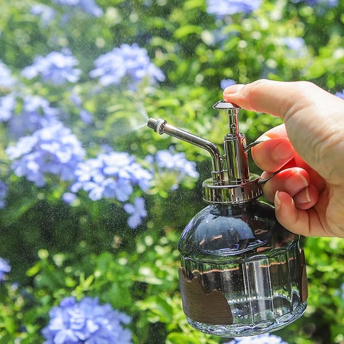 OFFIDIX Glass Plant Mister, 6.3 Inches Tall Vintage Style Spritzer Bronze Plastic Top Pump One Hand Watering Can Indoor Plant Spray Bottle for Garden, Plants, Cleaning (Distant Hill)