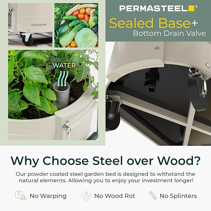 Permasteel Self-Watering Garden Bed, Rolling Planter for Vegetables, Flowers, Herbs, and Fruit, Outdoor Indoor, Caster Wheels, Ivory