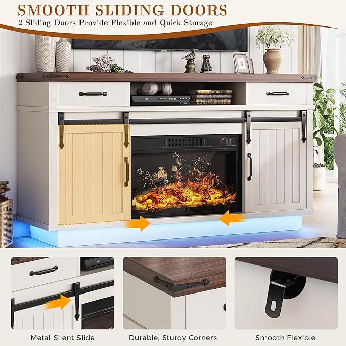 59'' Fireplace TV Stand with 3D Flame Electric Fireplace Heater, 34'' Tall Farmhouse TV Stand for 65 Inch TV, Entertainment Center TV Console with 2 Drawers, Sliding Barn Door for Living Room - White