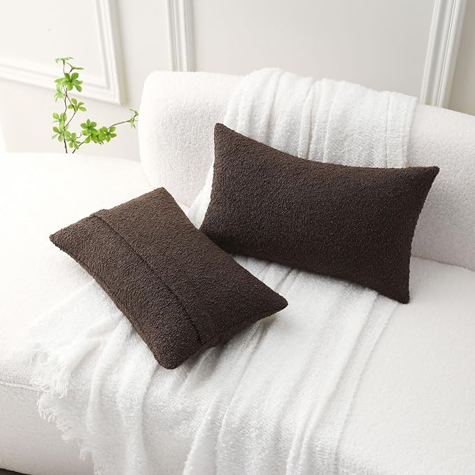 FUTEI Pack of 2 Dark Coffee Decorative Throw Pillow Covers 12x20 Inch Soft Cozy Solid Boucle Textured Lumbar Pillow Cases,Modern Home Decor for Couch Bed Living Room