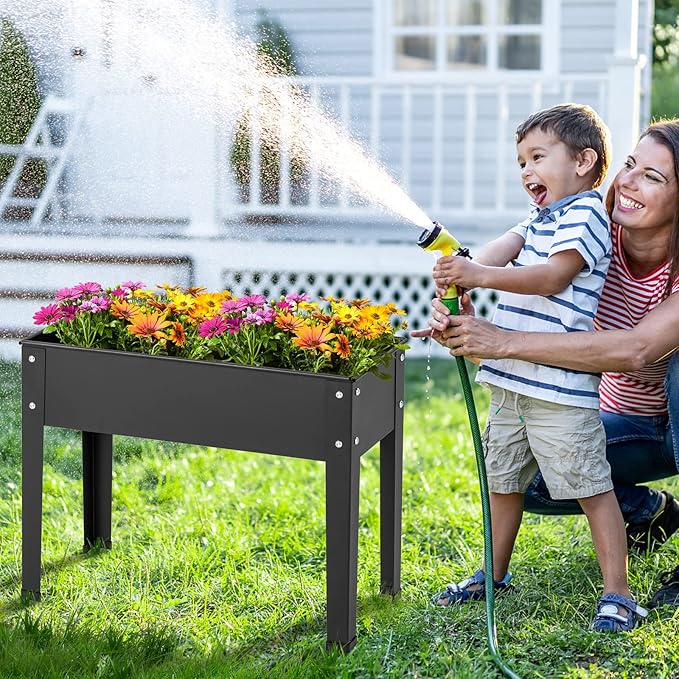 HAPPYGRILL Raised Garden Bed, 18” Elevated Planter Box w/Legs, Drainage Hole, Hemming Design, Metal Garden Box for Vegetable Herb, Outdoor Raised Beds for Gardening, Backyard Porch Balcony, Black