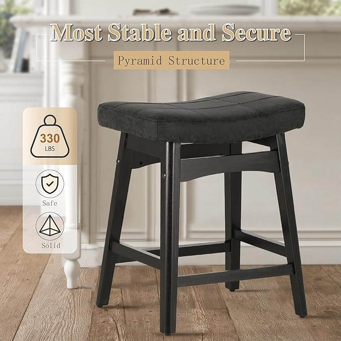 PHI VILLA Counter Height Bar Stools Set of 4 - Farmhouse Barstools with Upholstered Saddle Seat and Solid Wood Legs, Kitchen Counter Island Stools