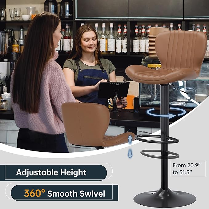 SUNLEI Swivel Swivel Bar Stools Set, Barstools Counter Height with Shell Shaped Backrest, Adjustable Moder Stools Pu Leather Bar Stool for Kitchen Counter, Island, Bars, Dining Room(Brown, Set of 6)