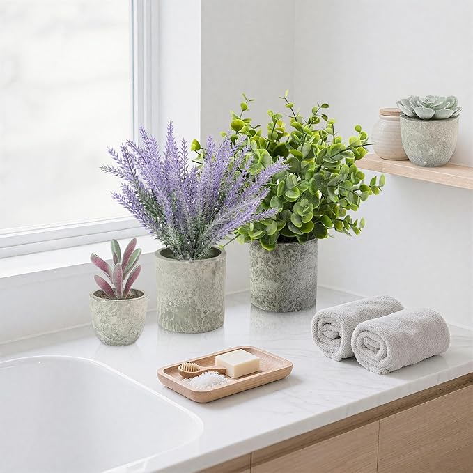 ALAGIRLS 4 Packs Fake Plants Small Artificial Plants for Shelf Lavender Flowers Eucalyptus Succulents Plants Potted Faux Plants for Home Indoor Office Bathroom Living Room Decor