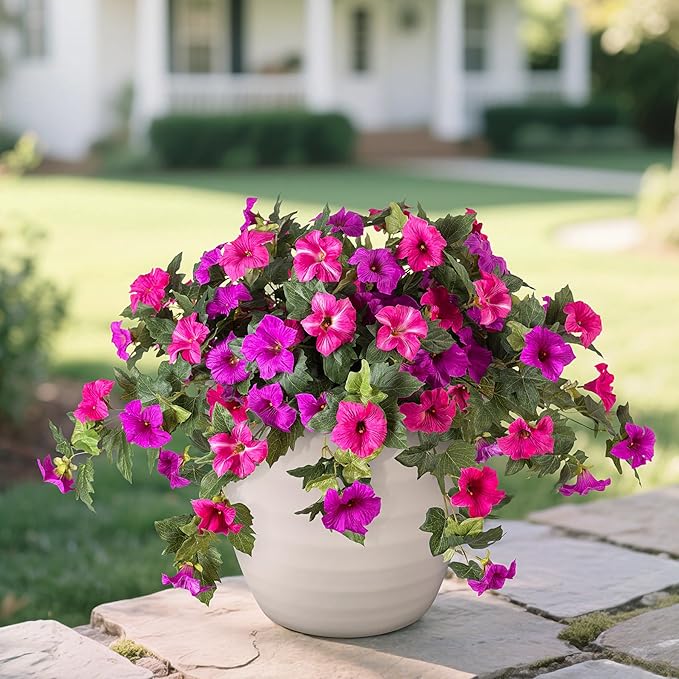 Artificial Faux Flowers Planter for Outdoor Decoration, 2PCS Fake Silk Petunias Flowers, No Fade UV Resistant Flower for Outside Garden Porch Yard Balcony Patio Realistic Indoor Decor(Fuchsia)