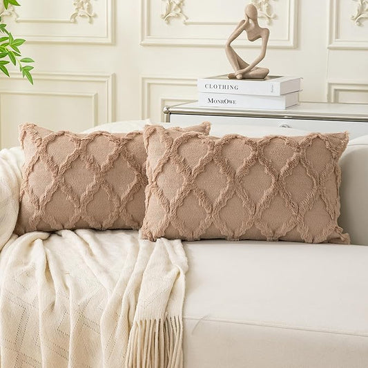 Set of 2 Soft Moroccan Throw Pillow Covers 12x20 Inch Plush Boho Decorative Pillow Cover Accent Cushion Case for Couch Sofa Bed, Light Brown