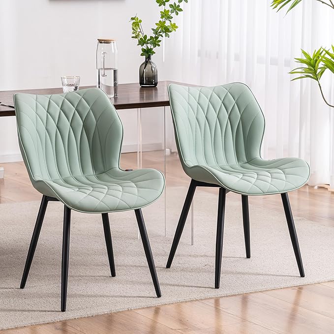YOUNIKE Dining Chairs Set of 2, Upholstered Faux Leather Dining Room Chairs with Wing Back and Metal Legs, Mint Green