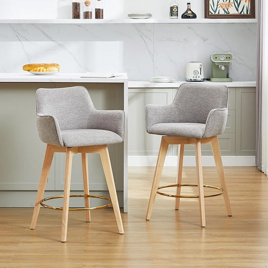 Counter Height Swivel Bar Stools, Linen Upholstered Bar Stools with Back, Arms, Solid Wooden Legs, 26 Inch Chairs for Kitchen Island, Home Pub, Cafe, 2 Pcs, Grey