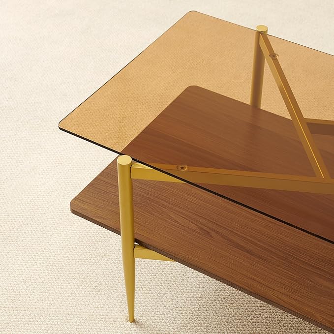 Rectangle Coffee Table, Mid-Century Modern Design, L41*W21*H17 inch, for Living Room, Amber Glass Top and Walnut Finish Wood Shelf, Conical Metal Legs with Gold Finish