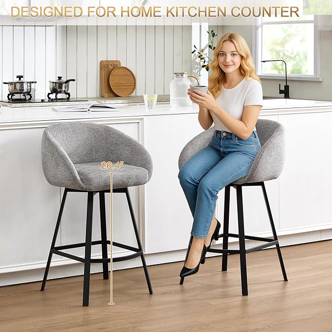 Zesthouse Swivel Counter Height Stools Set of 2, Modern Bar Stools for Kitchen Island, 26" Upholstered Kitchen Counter Height Barstools with Barrel Arms & Backs, Grey Linen Fabric Bar Chairs