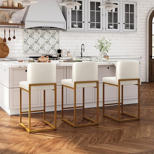 ALPHA HOME 24 Inch Bar Stools Set of 3 Kitchen Counter Stools with Back Pu Leather Counter Chair Counter Height Bar Stools with Upholstered Footrest Sturdy Chromed Metal Steel Frame, White