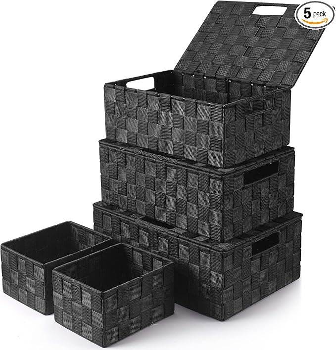 Storage Bins Baskets for Organizing with Lids, Storage Baskets for Shelves Stackable Woven Basket, Gift Small Basket Storage Cubes, Decorative Wicker Basket with Built-in Handles (5 Pack, Black)