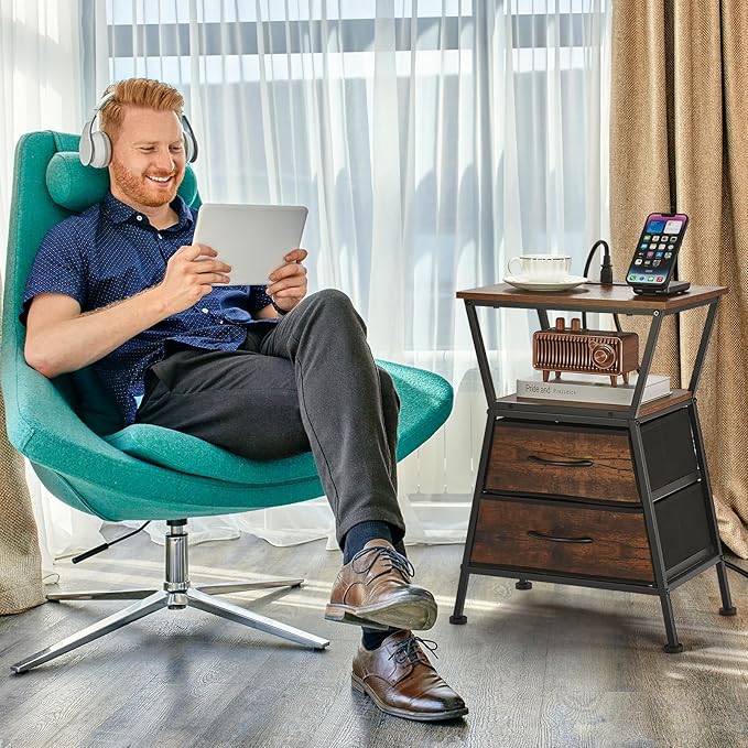 Nightstand with Charging Station, Side Tables for Bedroom with Built-in USB Side Table with 2 USB Ports and Outlets Nightstand with Cloth Drawer End Tables Living Room Sofa Couch